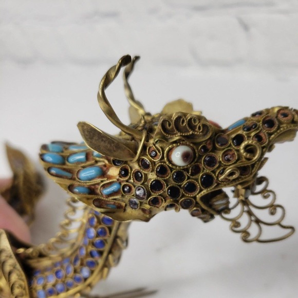 Vintage Asian Gemstone Inlaid Brass Filigree Dragon Sculpture, Himalayan Folk... - Picture 9 of 12